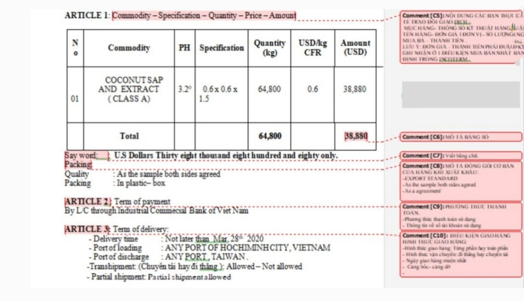 Nội dung chính của sale contract